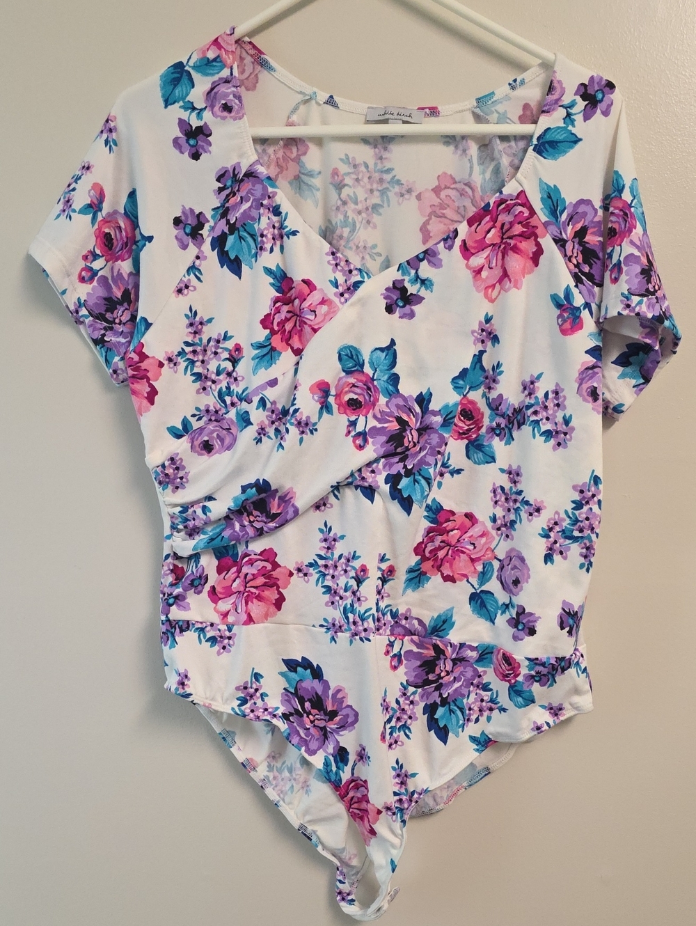 white birch White Floral Wrap-Front Bodysuit with Pink & Purple Blooms